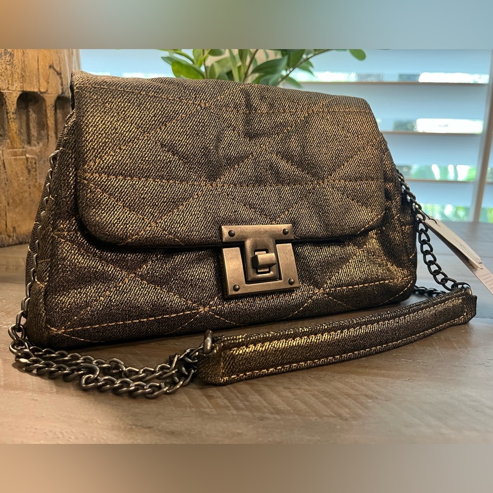 Stradivarius Dark Bronze/Gold Quilted Bag w/ Gunmetal Slip Chain Strap